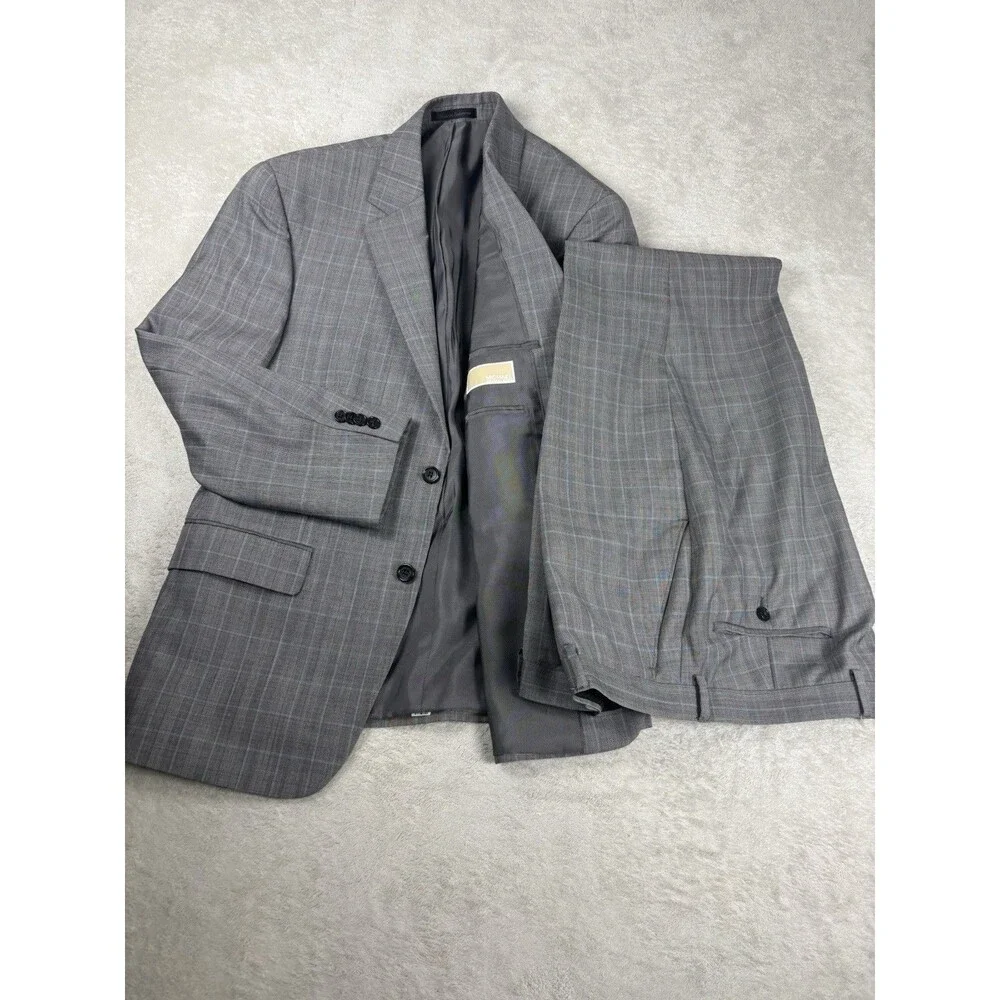 Michael Kors Wool Blend Gray Blue Glen Plaid Two Piece Mens Suit 40S Business